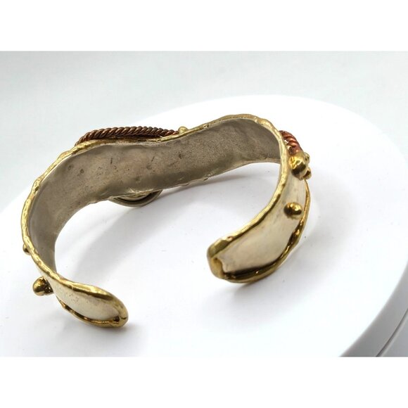 Artisan Mixed Metal Cuff Bracelet Brass Copper Silver Tone Boho Statement - Picture 2 of 7